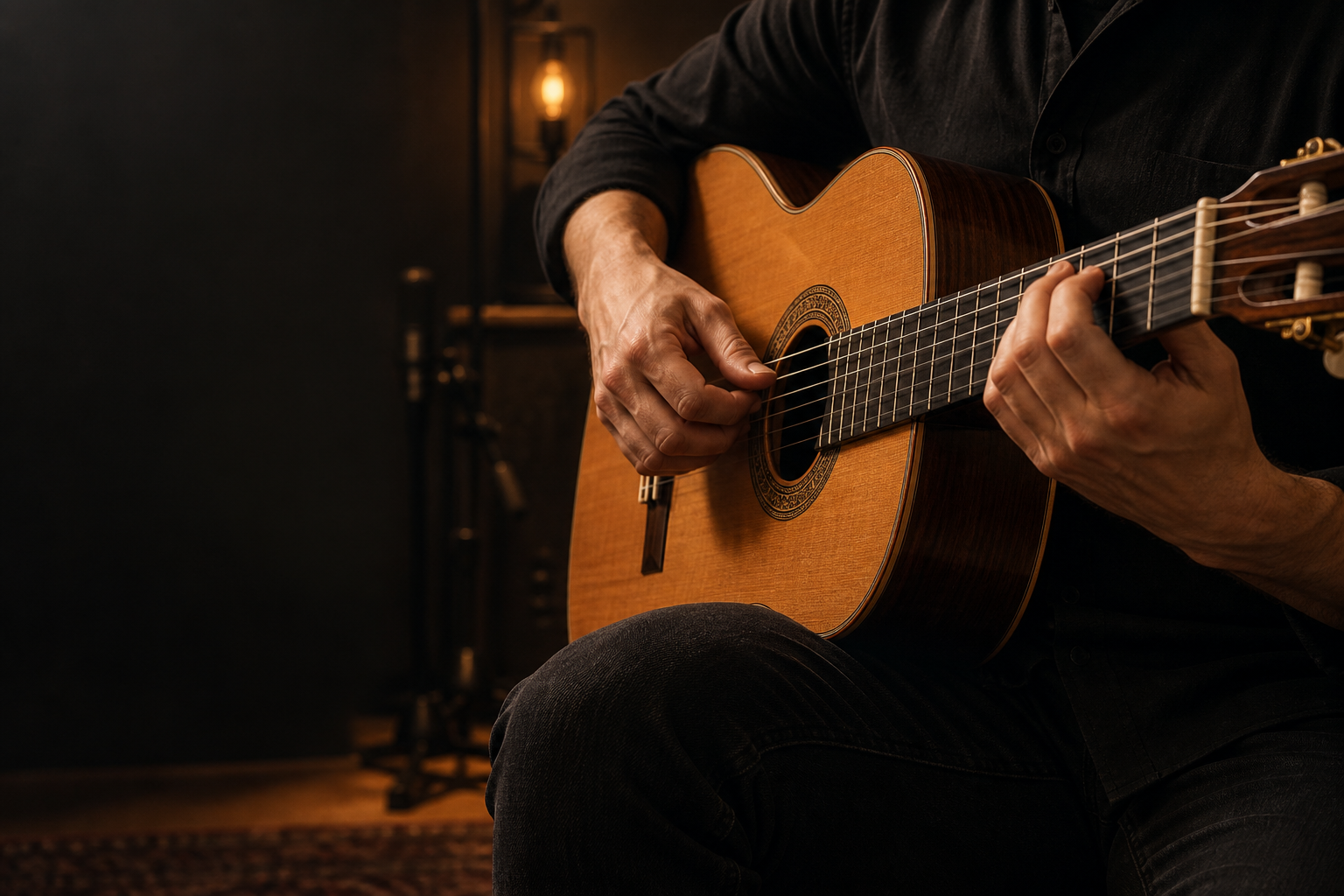 Detalle ilustrativo de una guitarra acústica y manos tocando en un estudio